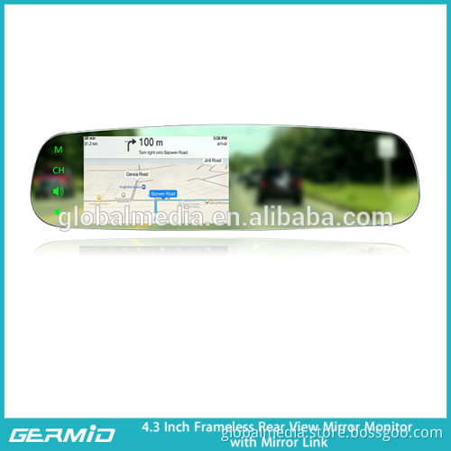 4.3 inch frameless Mirror Link rear view mirror monitor with Two video inputs and reversing camera display
